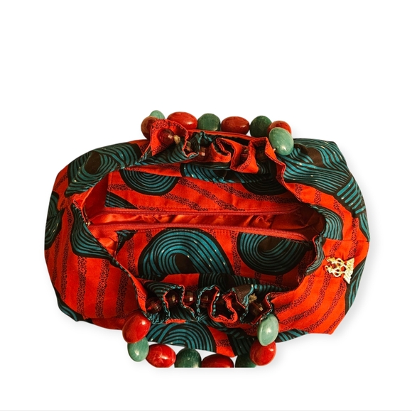 African tribal print bag beaded red and turquoise - Picture 6 of 13